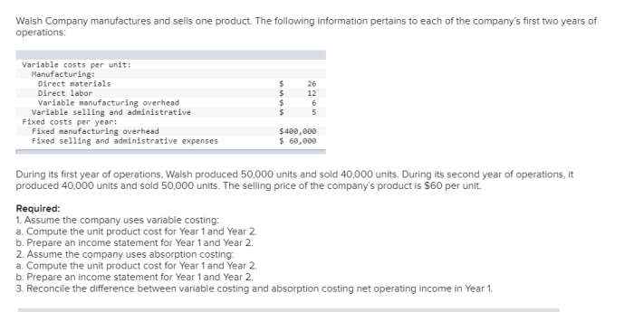 Company walsh manufactures sells transcribed text show pertains following information