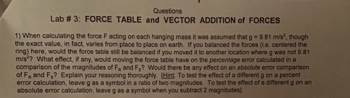 Force table and vector addition of forces pre lab answers